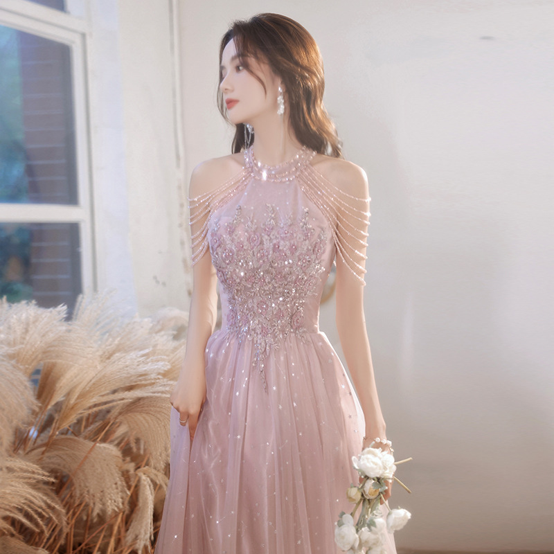 2022 New Design Fancy Elegant Birthday Party Bridesmaid Champagne Summer Tulle Fairy Princessy Sequined Long Evening Dresses