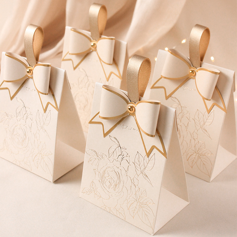 wholesale new gold flower candy box with bow hand box wedding party favor gifts flower candy box