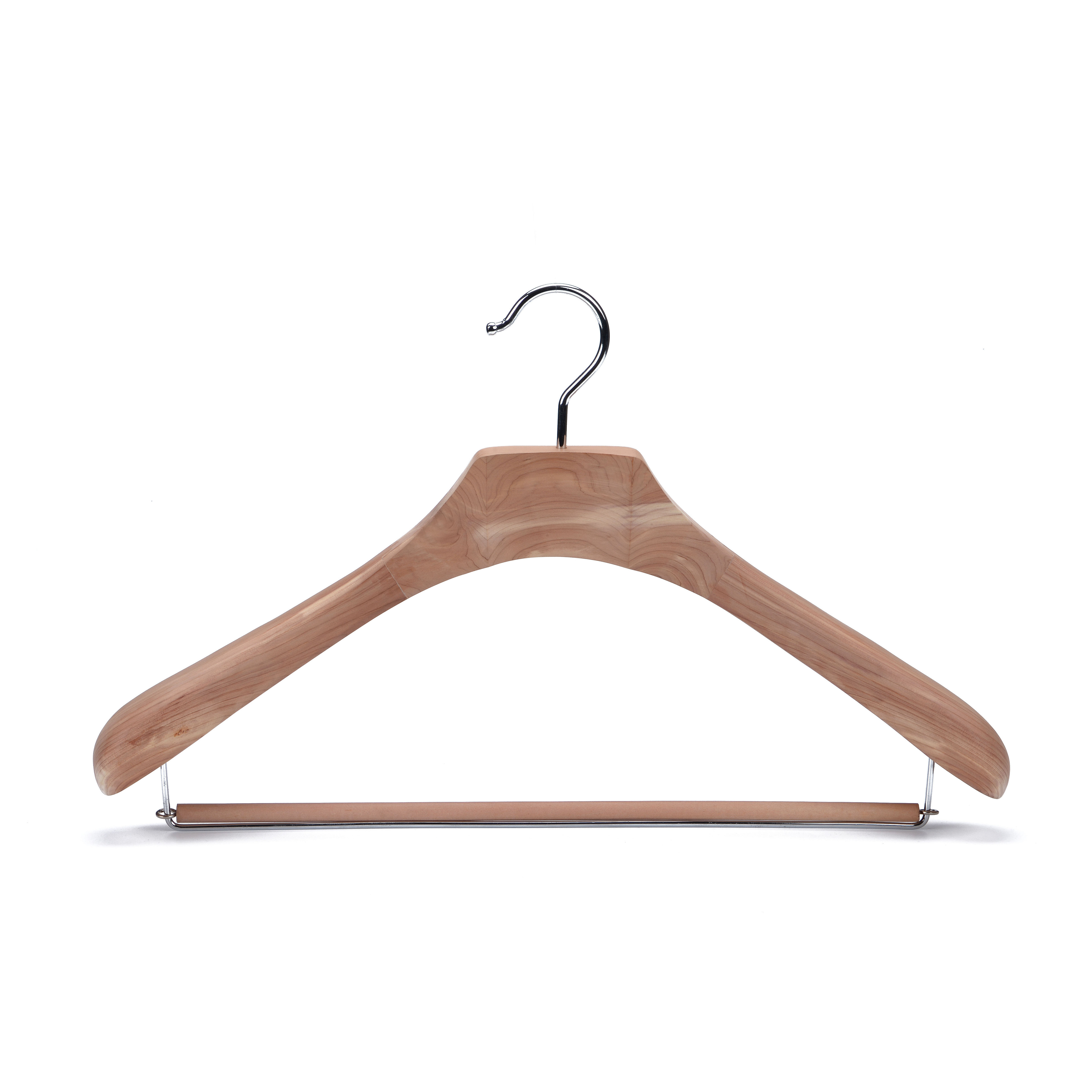 Deluxe American red cedar wooden suits hanger with wide shoulders & bar for garment display