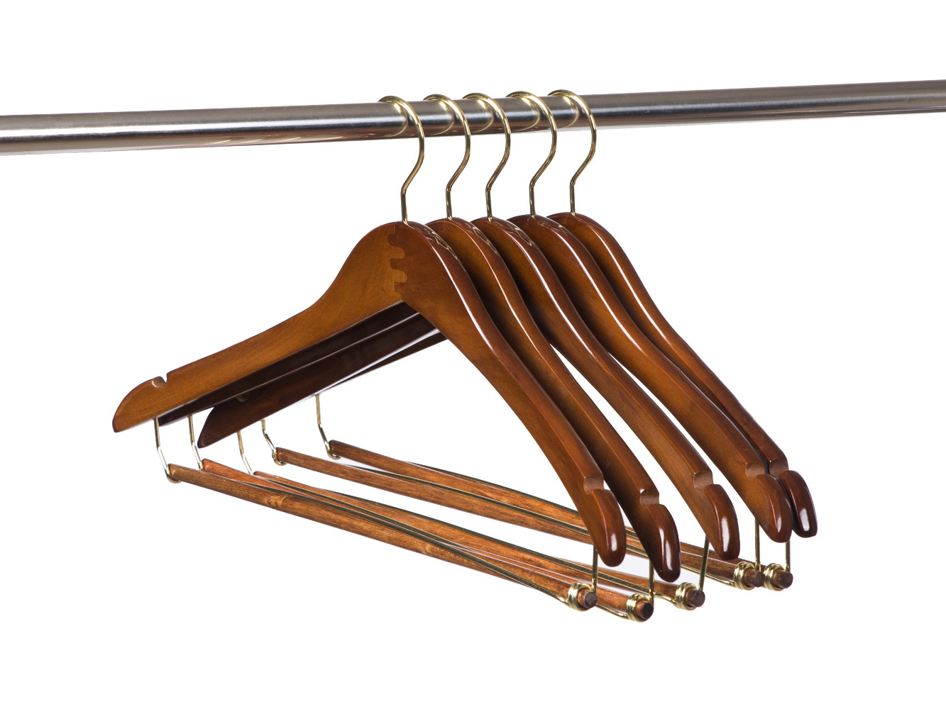 Factory Price Curved Wooden Hangers Suit Coat with Locking Bar Gold Hooks