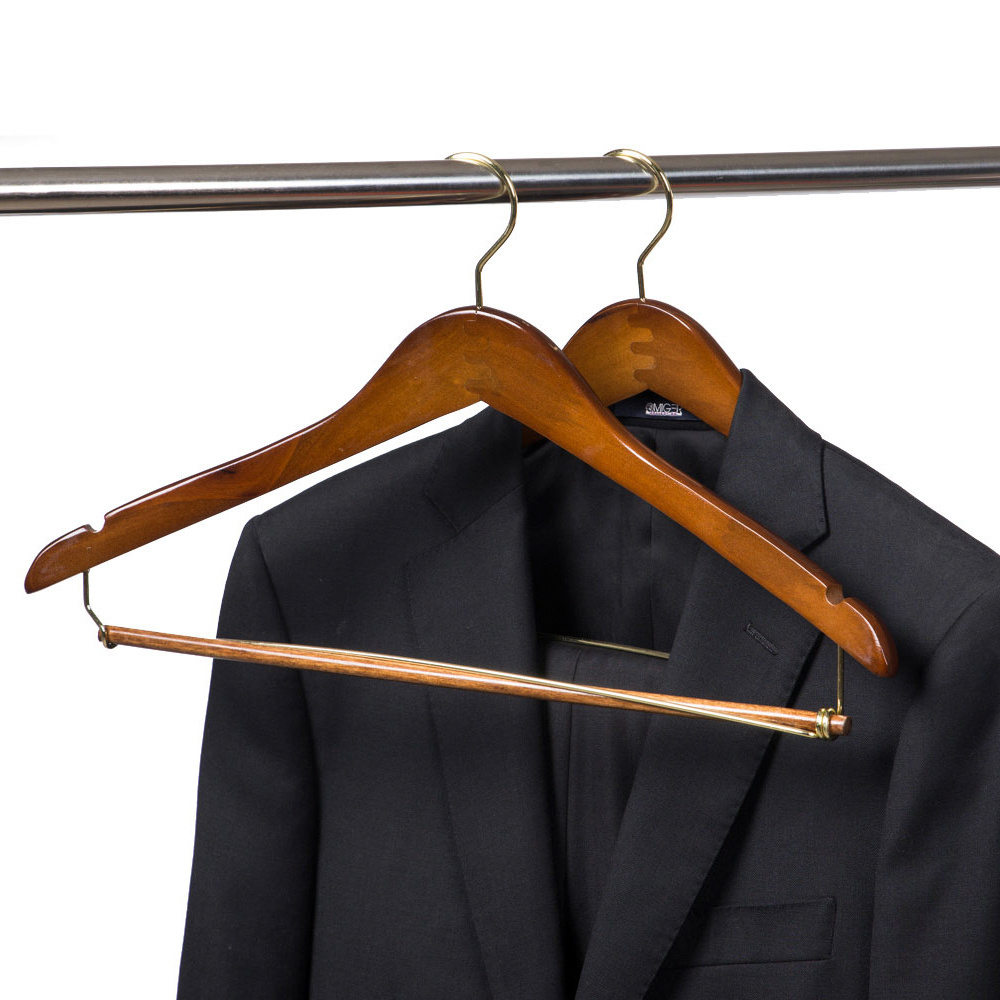 Factory Price Curved Wooden Hangers Suit Coat with Locking Bar Gold Hooks