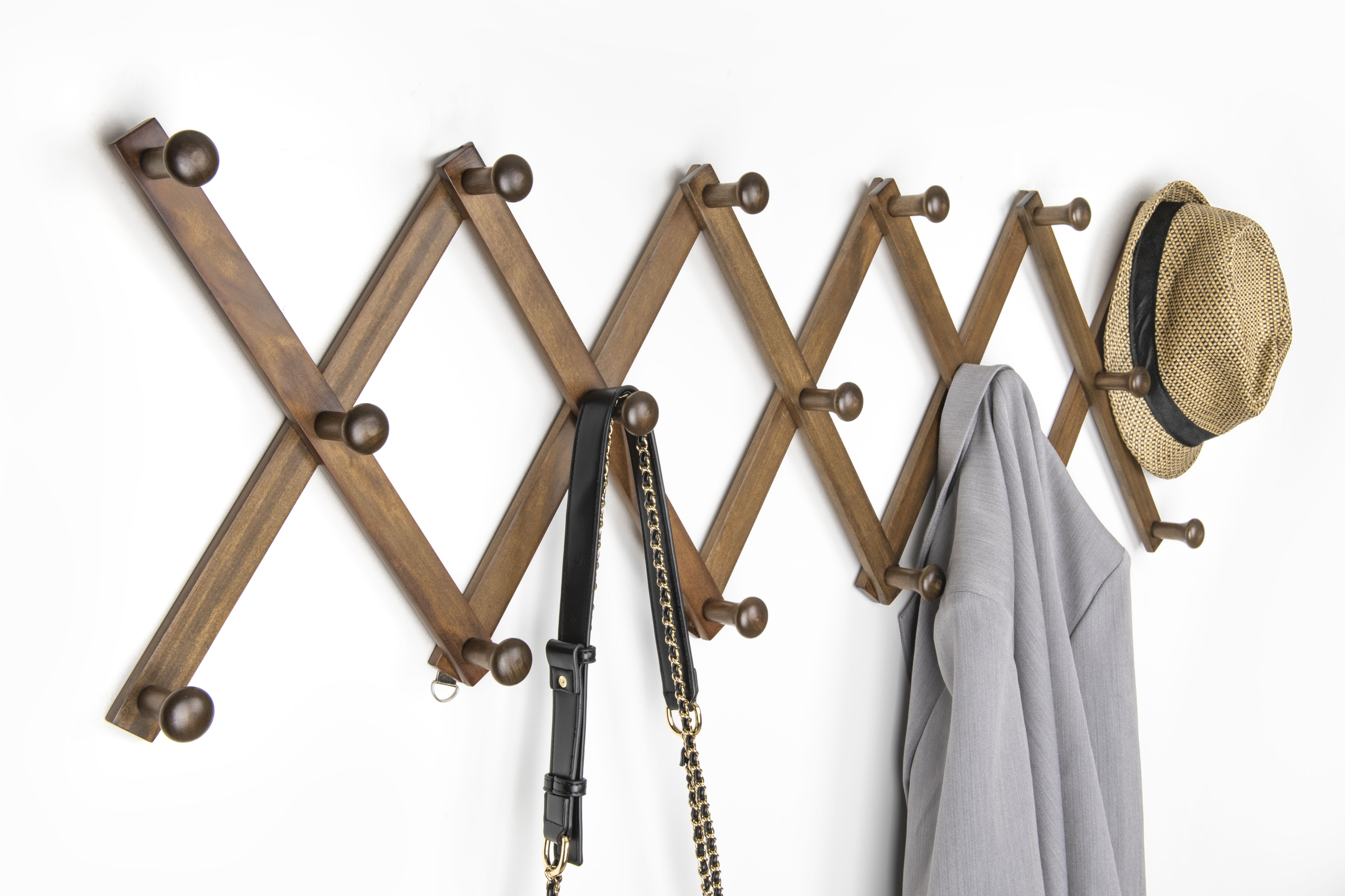 Wooden Expandable Coat Rack Hanger, Wall Mounted Accordion Wood Hook