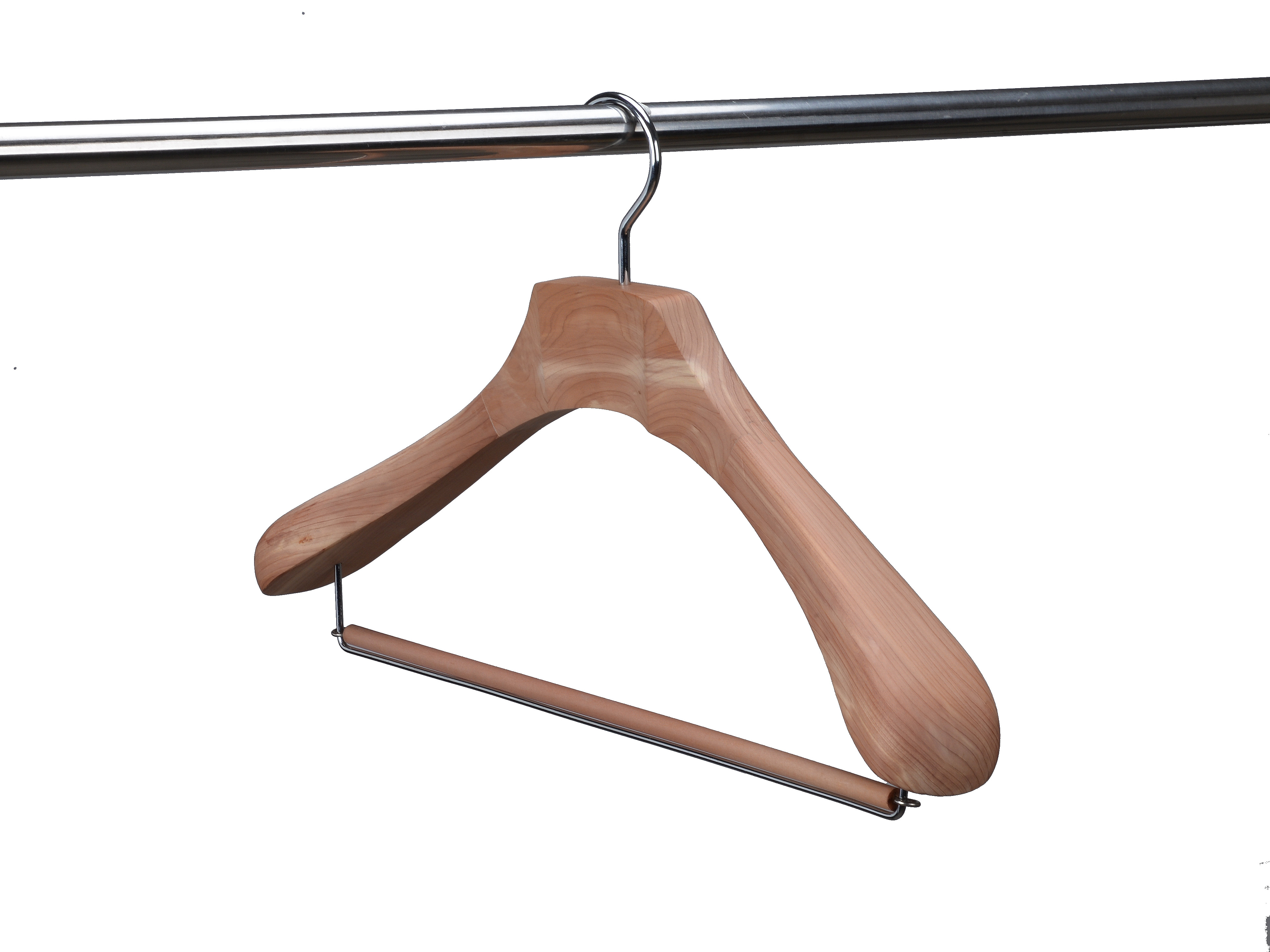 Deluxe American red cedar wooden suits hanger with wide shoulders & bar for garment display