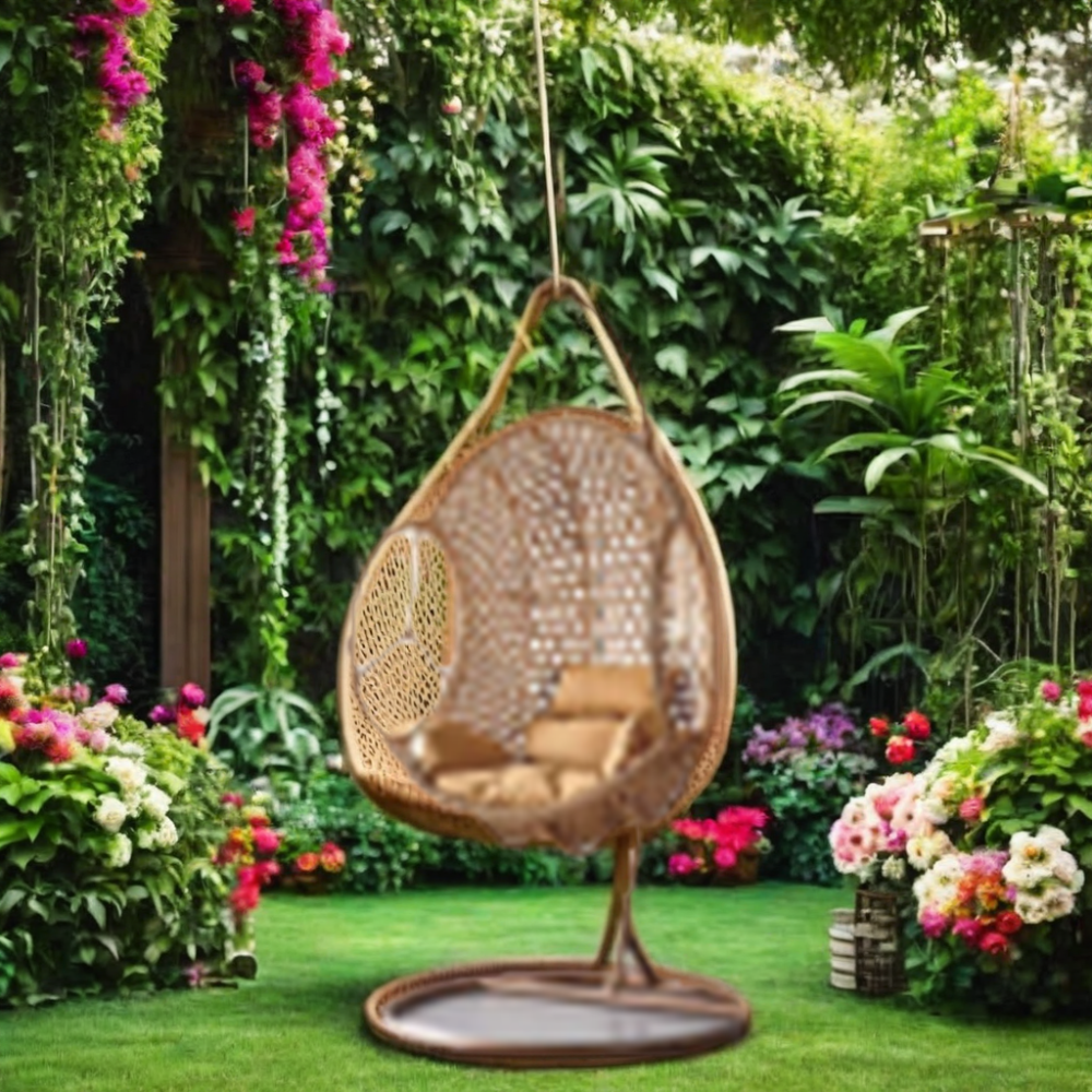 Great Quality Outdoor Garden Wicker Rattan Swing Chair Mat Inside Teardrop Shape Egg Hanging Chair With Stand