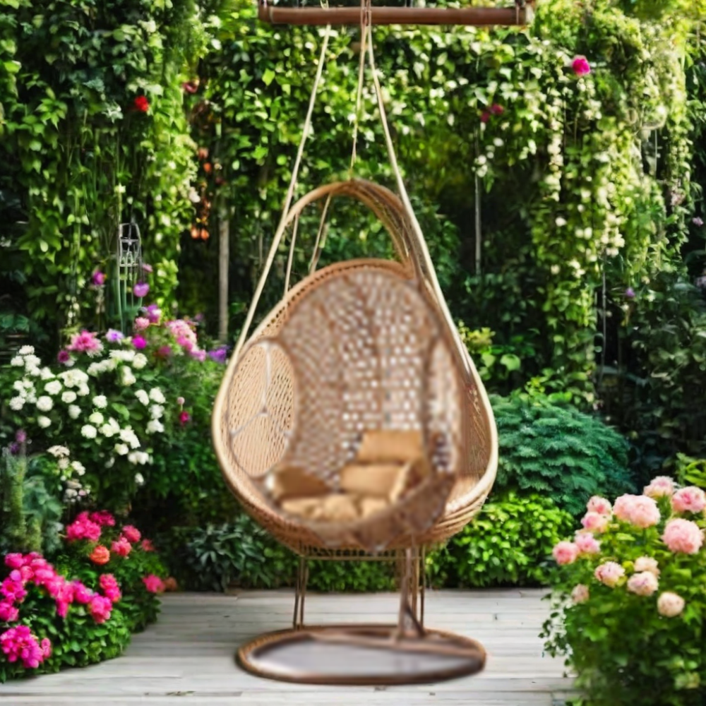 Great Quality Outdoor Garden Wicker Rattan Swing Chair Mat Inside Teardrop Shape Egg Hanging Chair With Stand