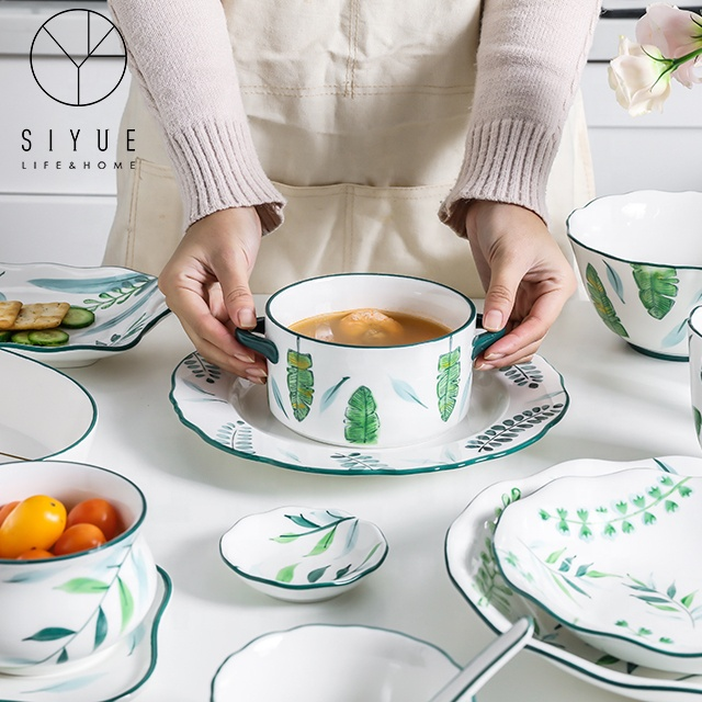 Nordic Style Hand Painted Leaves Pattern Dinnerware Binaural Plates Handle Bowls Mug Breakfast Set With Green Rim 1616