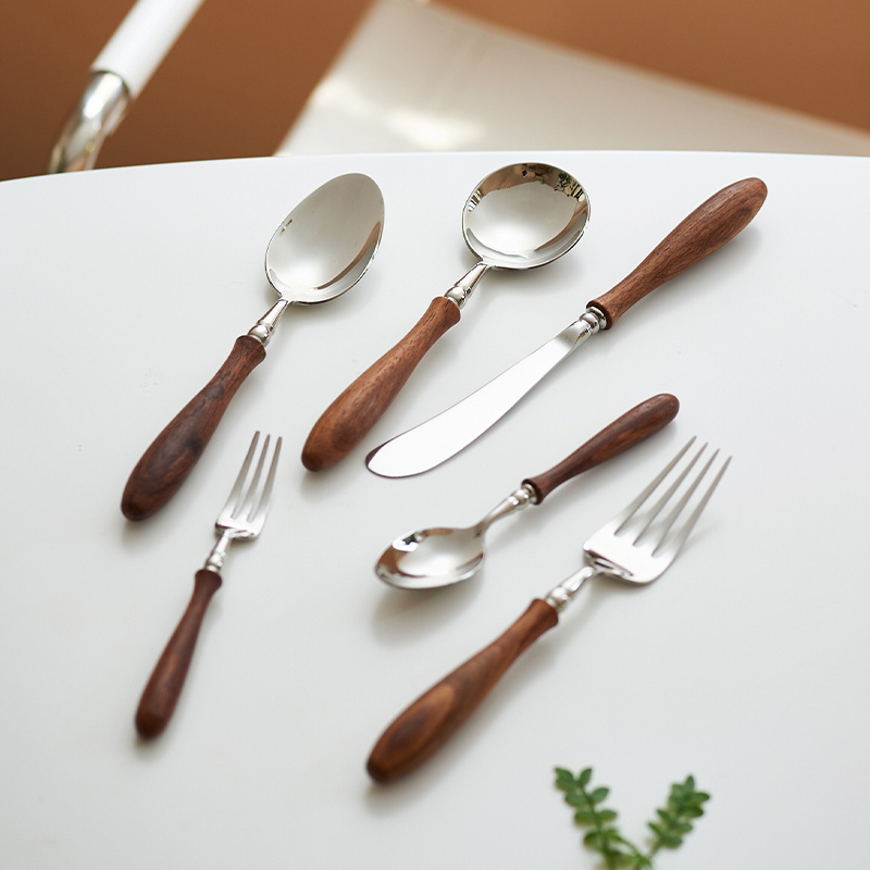 5 Piece Nordic Flatware Wooden Handle 304 Stainless Steel Silver Spoon And Fork Cutlery Set 3261