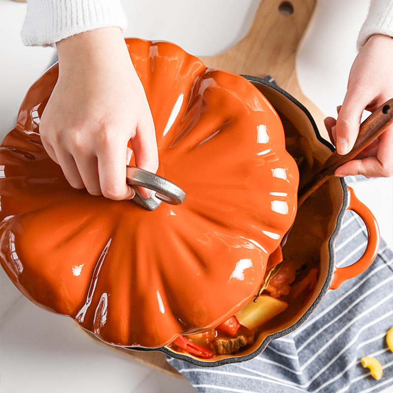 Halloween Gifts Orange 3.7L Cast Iron Enamel Pumpkin Creativity Coating Non Stick Cookware Set Casserole Soup Pot 1930