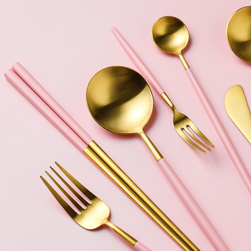 Stainless Steel Gold Cutlery Set Steak Knives Fruit Forks Dessert Spoons Chopstick Flatware With Pink Handle For Wedding 1936