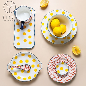 Dishes & Plates Serving Dinnerware Sets Tableware Yellow Spot Cute Restaurant Charger Ceramic Plates 1444