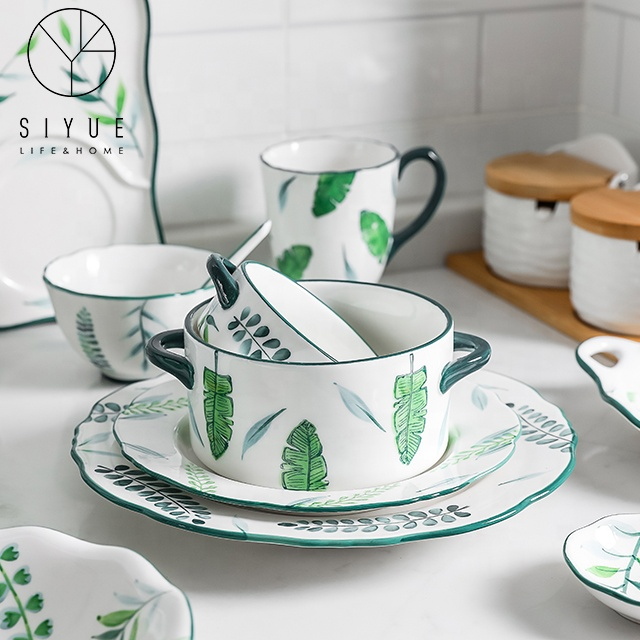 Nordic Style Hand Painted Leaves Pattern Dinnerware Binaural Plates Handle Bowls Mug Breakfast Set With Green Rim 1616