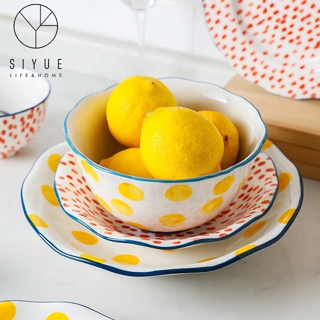 Dishes & Plates Serving Dinnerware Sets Tableware Yellow Spot Cute Restaurant Charger Ceramic Plates 1444