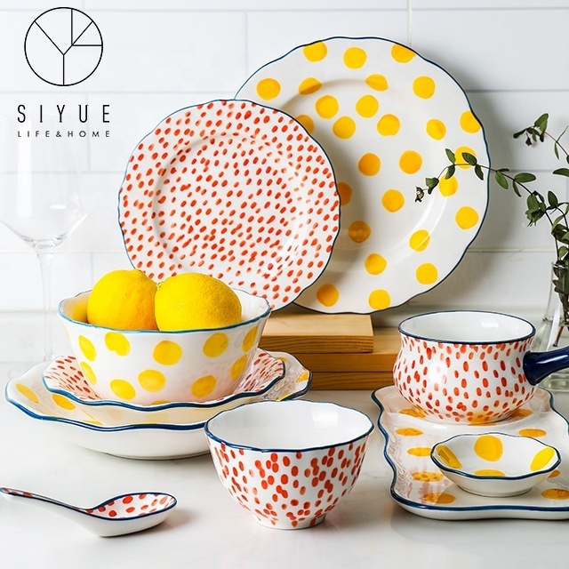 Dishes & Plates Serving Dinnerware Sets Tableware Yellow Spot Cute Restaurant Charger Ceramic Plates 1444