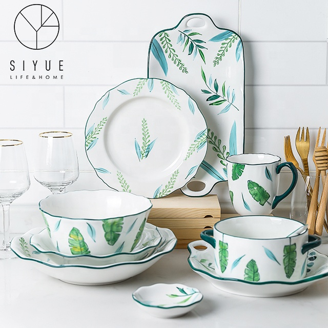 Nordic Style Hand Painted Leaves Pattern Dinnerware Binaural Plates Handle Bowls Mug Breakfast Set With Green Rim 1616