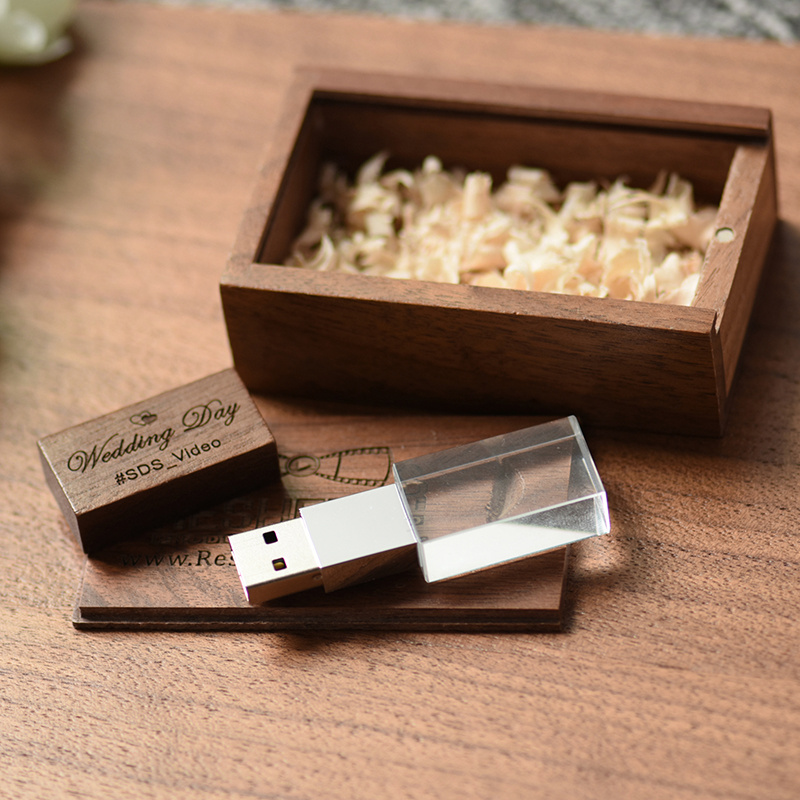 Free Custom 3D laser log ousb memory stick wood Crystal USB Flash Drive With Led Light Wooden flashdrive With Gift Box