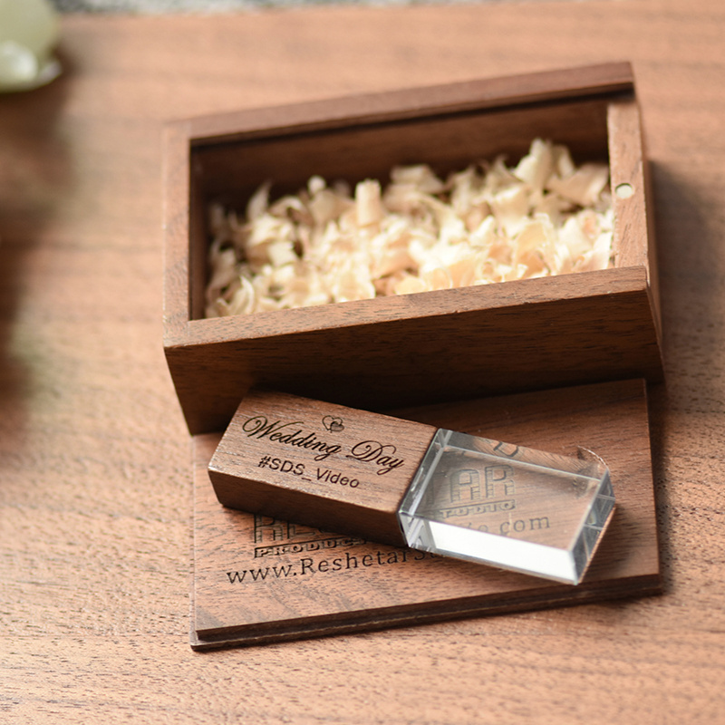 Free Custom 3D laser log ousb memory stick wood Crystal USB Flash Drive With Led Light Wooden flashdrive With Gift Box