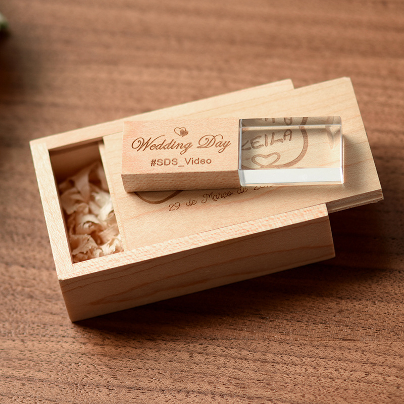 Free Custom 3D laser log ousb memory stick wood Crystal USB Flash Drive With Led Light Wooden flashdrive With Gift Box