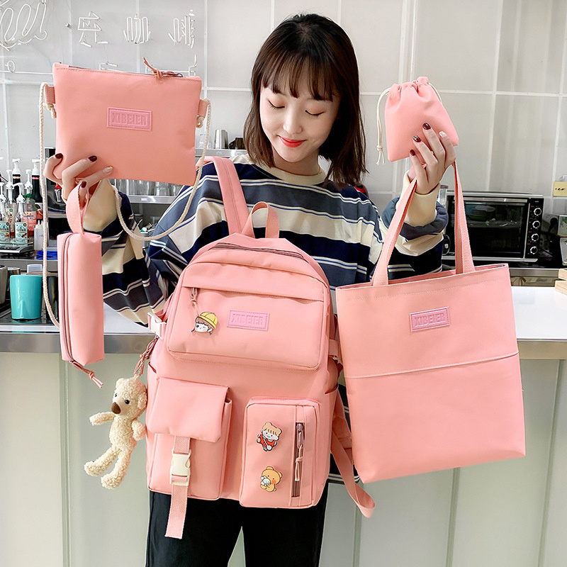 New Design Low Price Children Fashion Canvas Backpack 5 Set Primary Schoolbag Pink Cute Cartoon Kids Backpack Set For School