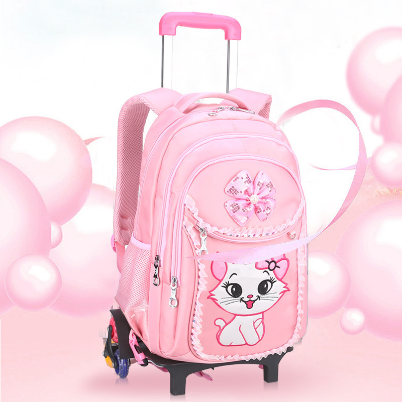 3 In 1 Kawaii Cats Printed School Bookbag For Primary Pink Girls Gorgeous Cat Trolley Backpack