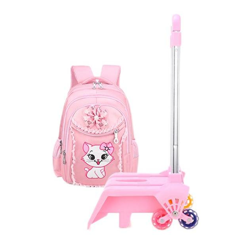 3 In 1 Kawaii Cats Printed School Bookbag For Primary Pink Girls Gorgeous Cat Trolley Backpack