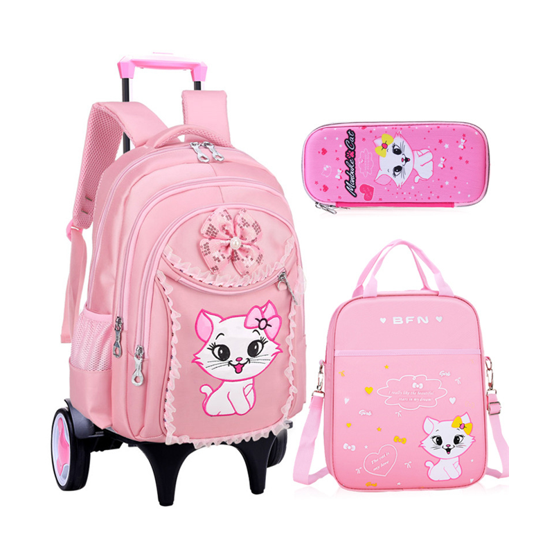 3 In 1 Kawaii Cats Printed School Bookbag For Primary Pink Girls Gorgeous Cat Trolley Backpack