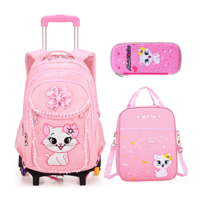 3 In 1 Kawaii Cats Printed School Bookbag For Primary Pink Girls Gorgeous Cat Trolley Backpack