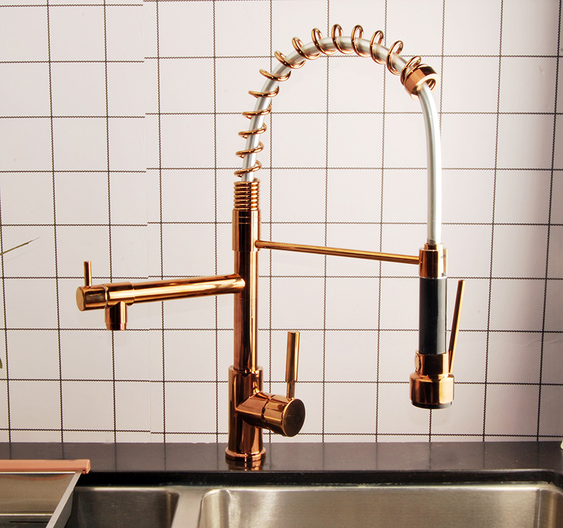 High Quality Single Handle Spring Pull Down Rose Gold Kitchen Faucet 3 way brass sink mixer tap basin faucet rose gold