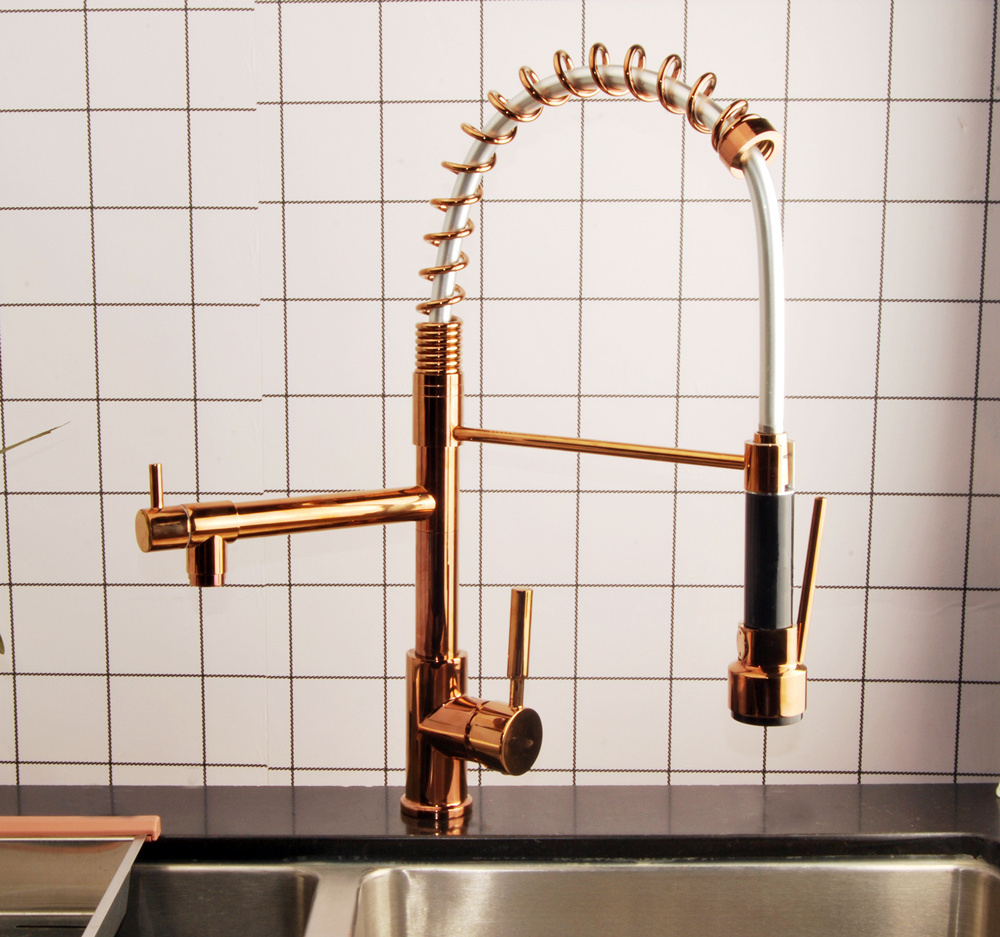 2022 New Rose Gold Taps Sprayer Pull Out Flexible Kitchen Mixer  High Arc Single Handle Spring Kitchen Sink Faucet