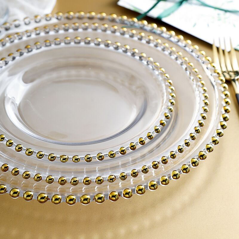 clear gold beaded silver beads glass charger plate