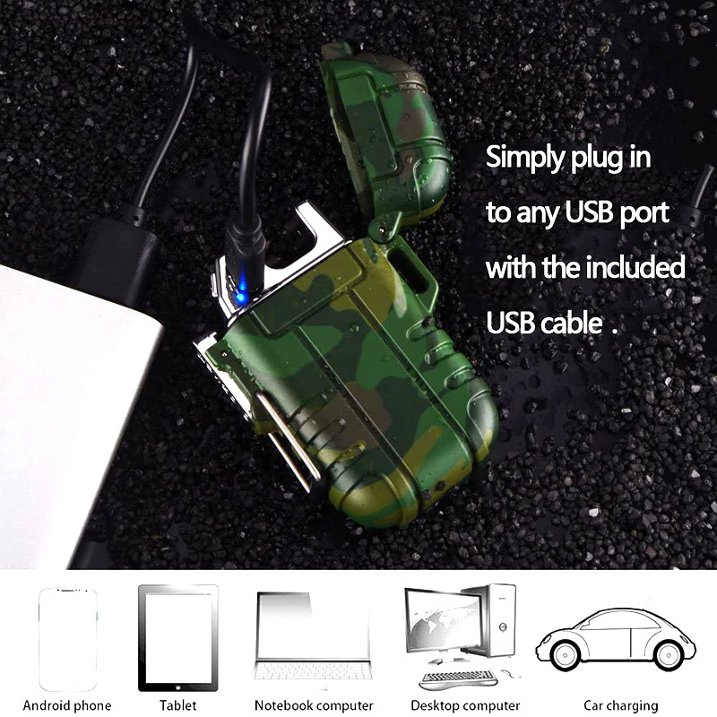 Camping Hiking Outdoor Windproof Waterproof Electric Double Arc Lighter with Rechargeable USB