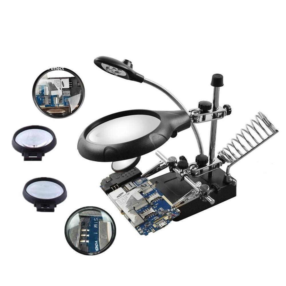 2.5X 7.5X 10X LED Light Helping Hands Magnifier Soldering Station,Magnifying Glass Stand with Auxiliary Clamp and  Clips