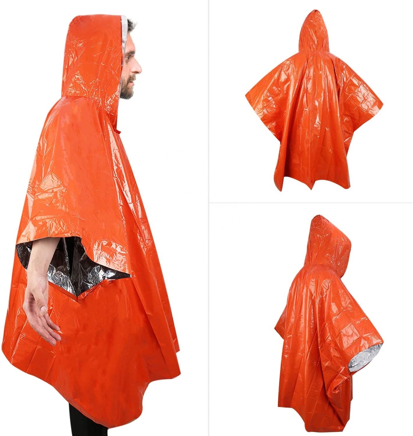 Orange Emergency Raincoat Include Stuff Sack with Survival Whistle for Camping Or Hiking