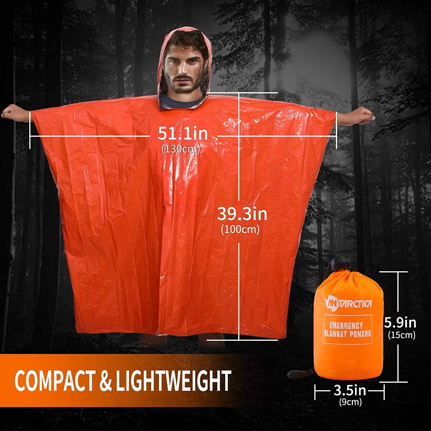 Orange Emergency Raincoat Include Stuff Sack with Survival Whistle for Camping Or Hiking