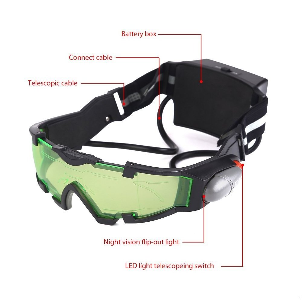 Adjustable Night Vision 25 Feet Goggles with Flip-out Lights Green Lens Great Toy for Kids