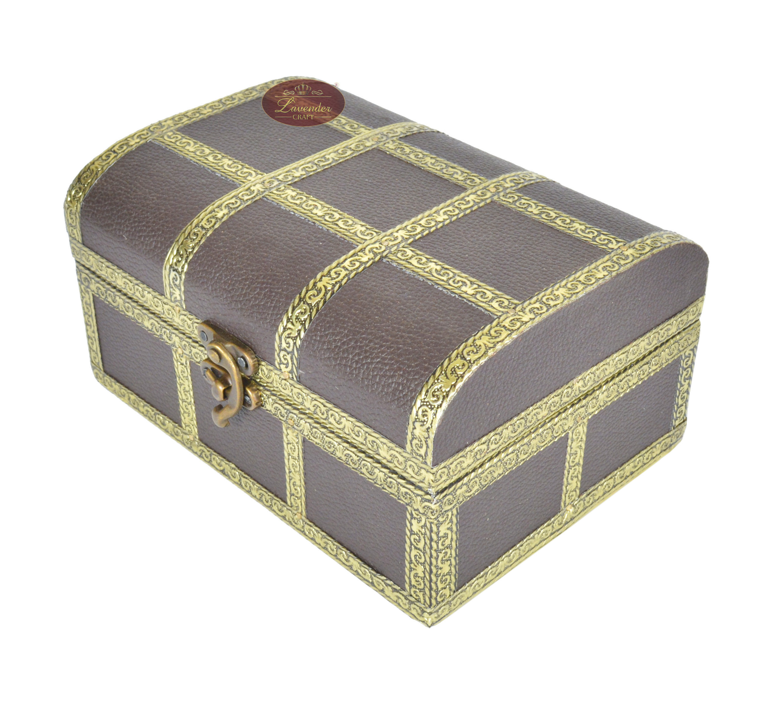 BROWN TREASURE CHEST, ARTIFICIAL LEATHER FINISH, WOODEN HANDMADE JEWELRY BOX (7