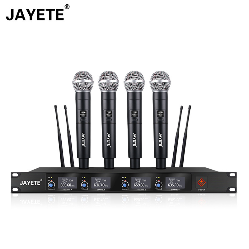 Professional 4 channel UHF wireless microphone System with four handhelds headsets Dynamic Mic