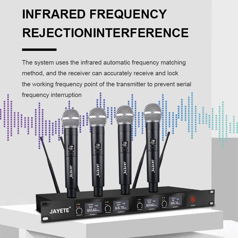 Professional 4 channel UHF wireless microphone System with four handhelds headsets Dynamic Mic