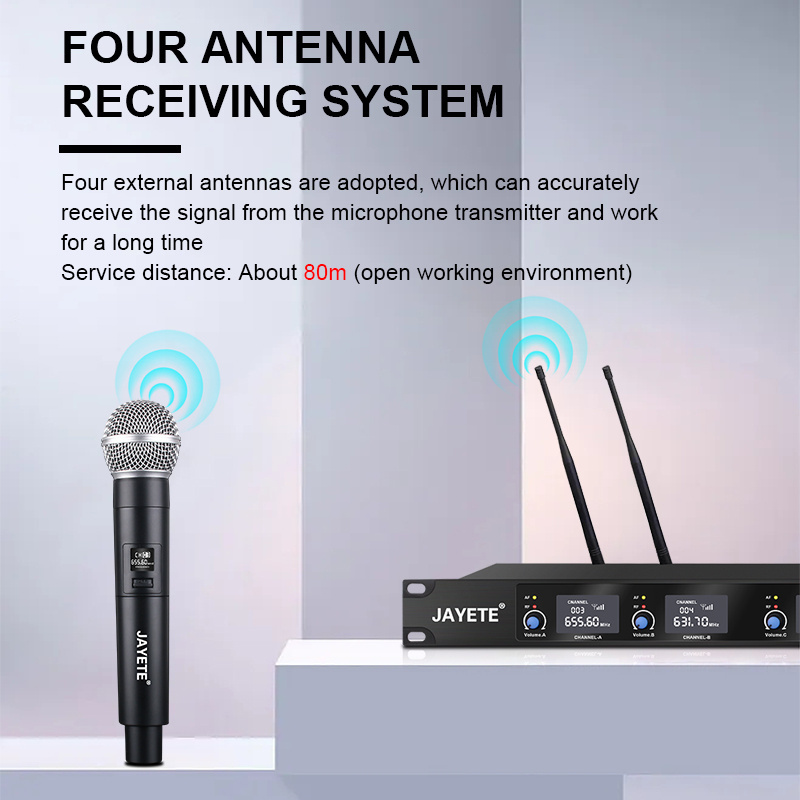 Professional 4 channel UHF wireless microphone System with four handhelds headsets Dynamic Mic