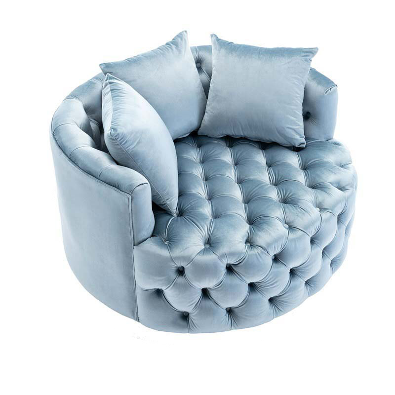 Modern stainless steel velvet fabric wide tufted swivel barrel chair button sofa for living room furniture barrel recliner chair