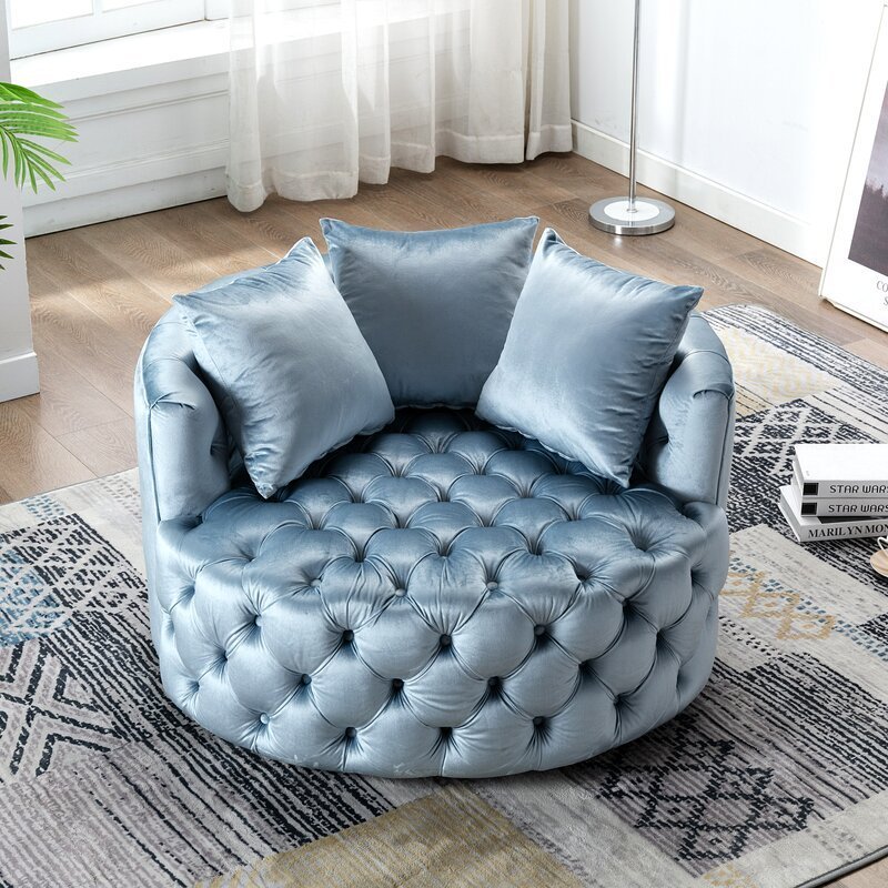 Modern stainless steel velvet fabric wide tufted swivel barrel chair button sofa for living room furniture barrel recliner chair