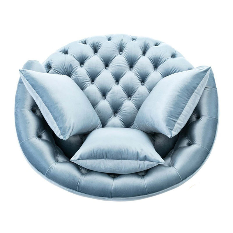 Modern stainless steel velvet fabric wide tufted swivel barrel chair button sofa for living room furniture barrel recliner chair