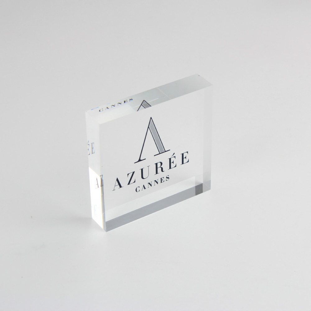 Clear acrylic logo blocks display cube