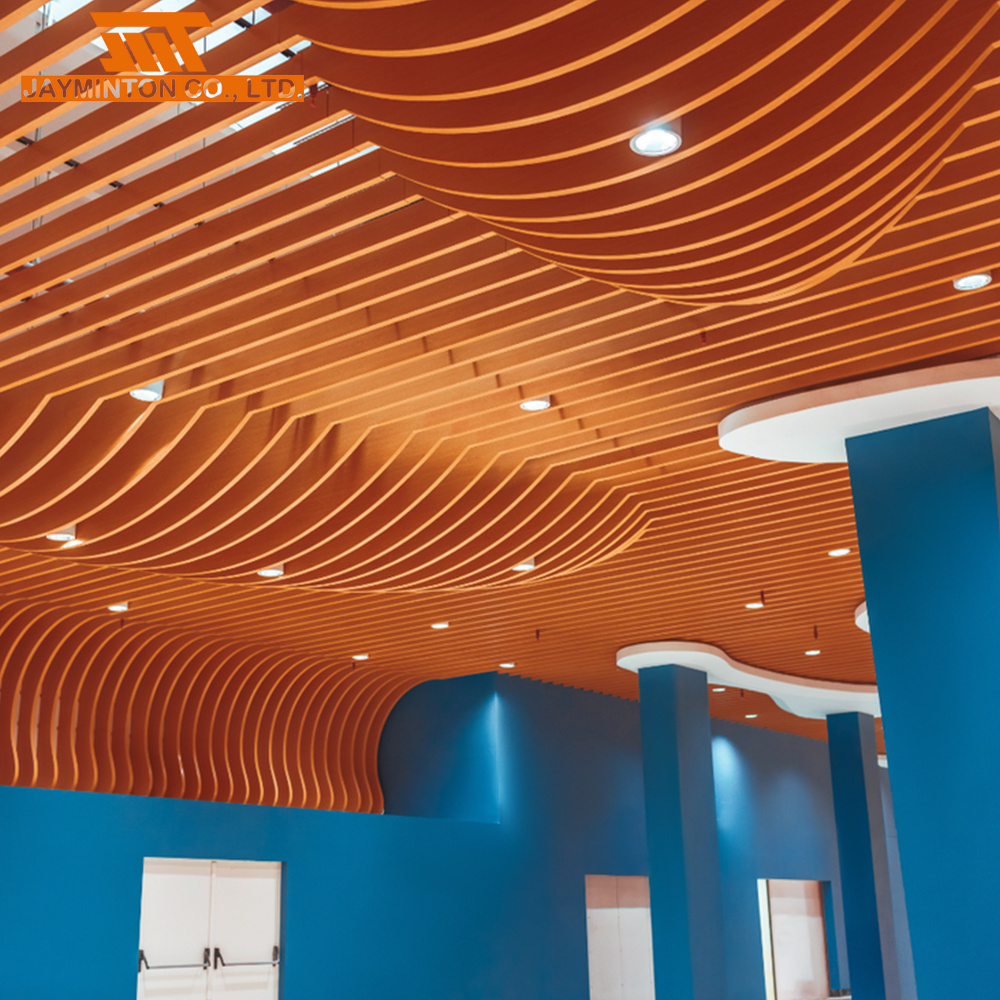 Rectangular Shape Wood Grain Indoor Suspension Veneer Slats Acoustic Metal Art Suspended Curved Ceiling Panel Tube