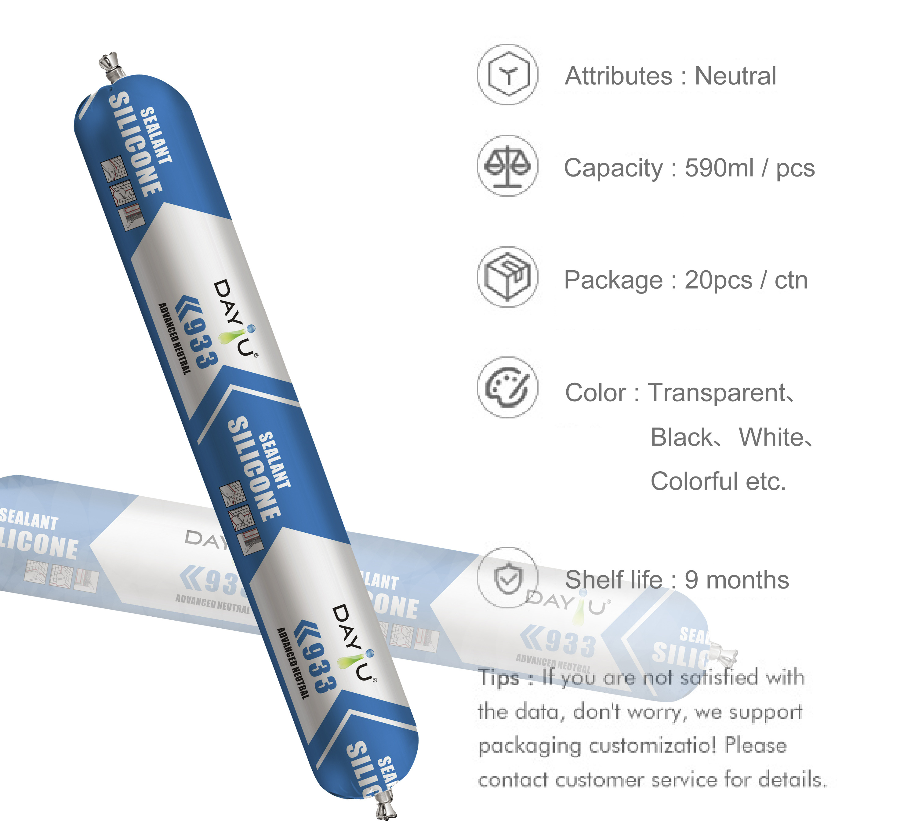 Caulking No Smell White Neutral Weatherproof Glass Curtain Wall Silicone Sealant Sausage 590ml For Window Gap Filling