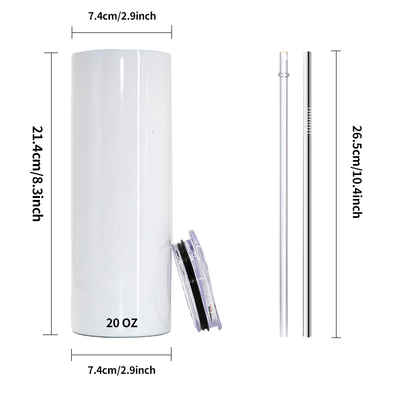 USA Warehouse 2 Days Delivery 20OZ Sublimation Blanks Stainless Steel Skinny Sublimation Straight Tumblers with Straw