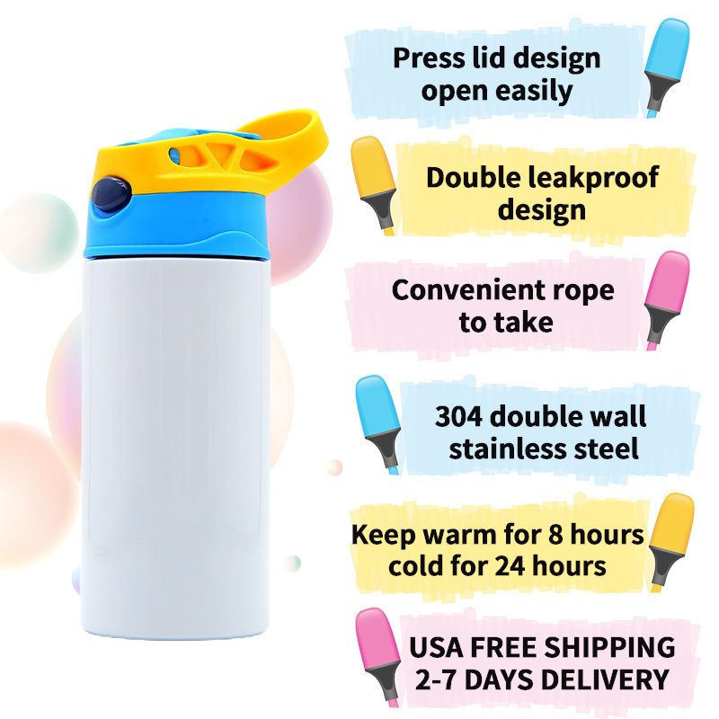 USA Free Shipping Colors Mixed 12OZ Kids Water Bottle BPA Free Insulated Stainless Steel Cute Sublimation Blank Tumbler for Kids