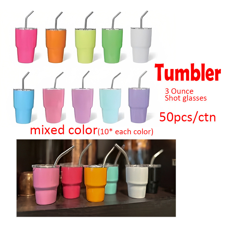 Custom logo double wall mini tumbler stainless steel vacuum tumbler 2oz 3oz shot glass for sublimation with lids and straws