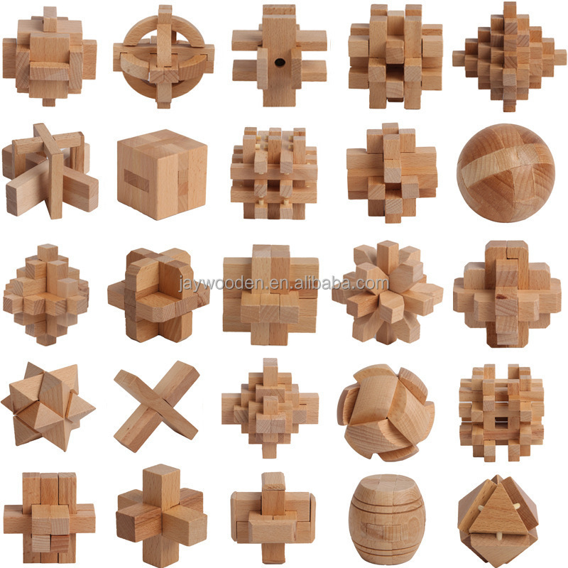 beech Ancient Chinese Educational Wooden Jigsaw Square Brain Toys Classic Party Game 3d wooden puzzle for Kids and Adults