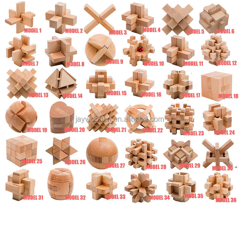 beech Ancient Chinese Educational Wooden Jigsaw Square Brain Toys Classic Party Game 3d wooden puzzle for Kids and Adults