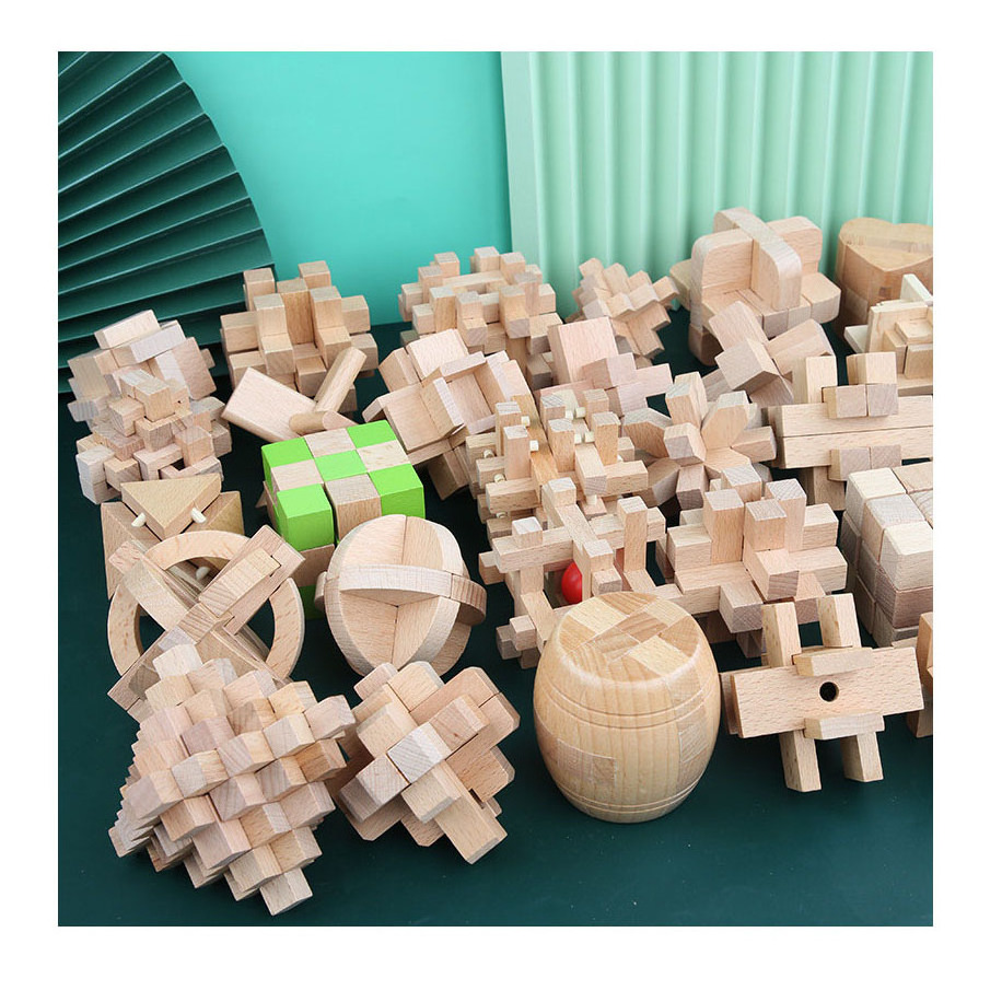 beech Ancient Chinese Educational Wooden Jigsaw Square Brain Toys Classic Party Game 3d wooden puzzle for Kids and Adults